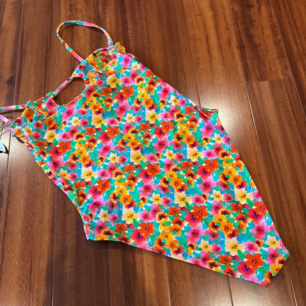 JMP One Piece Swimsuit Tropical‎ Floral Pink Green Multi Cutout New Size XS